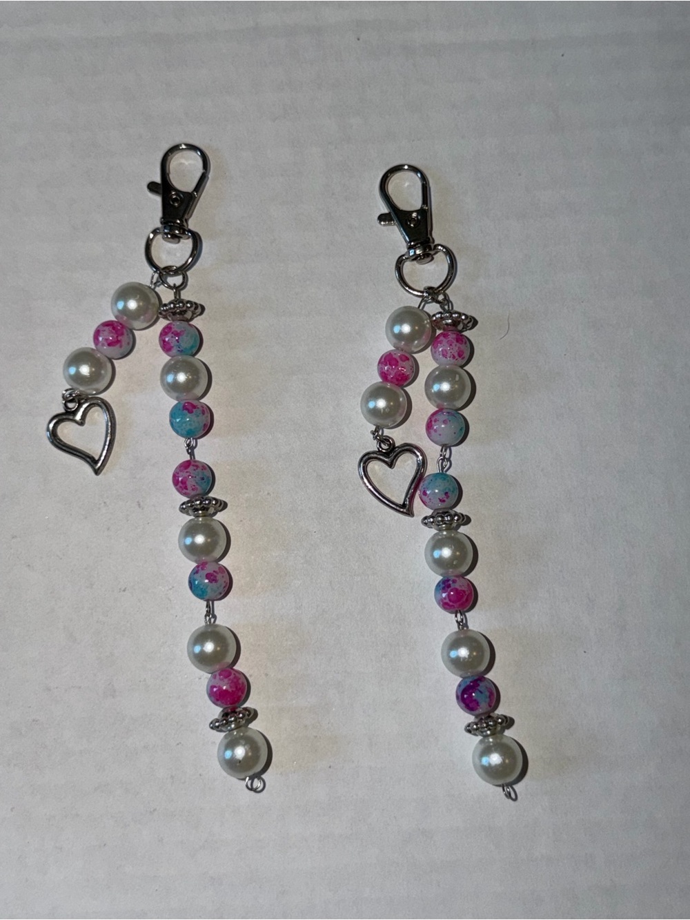 Pearl & Pink-Blue Beaded Heart Keychain Set